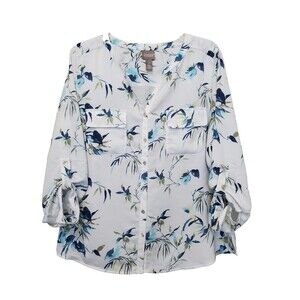 CHICO'S Silky Summer Indigo Easy Floral Utility Button-Up Shirt Size 2 Large